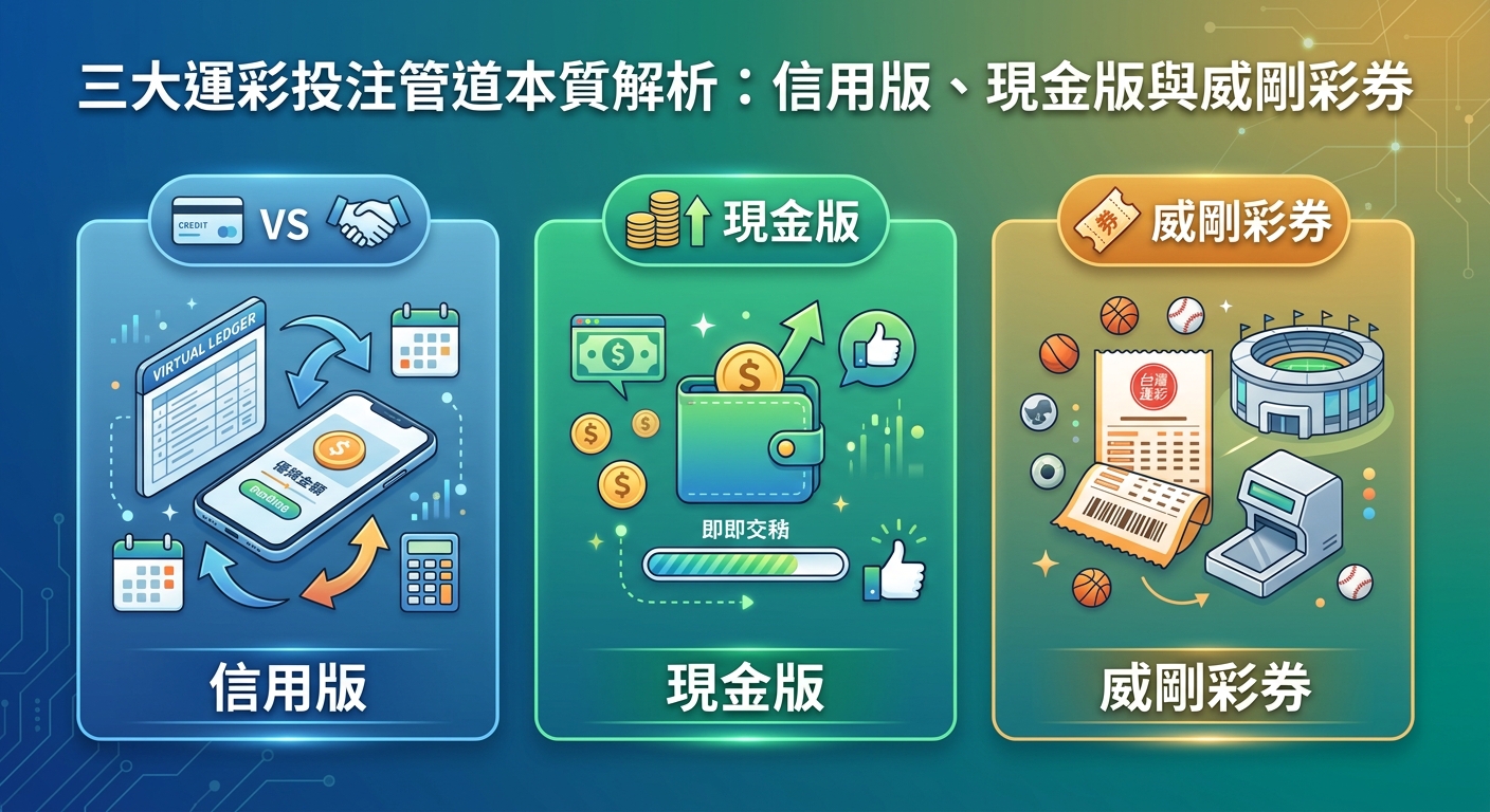 一張以深藍色為背景的高科技資訊圖表,標題為「三大運彩投注管道本質解析:信用版、現金版與威剛彩券」。 畫面分為三欄,分別用圖示與標籤展現信用版(結算機制)、現金版(即時交易)與威剛彩券(實體門市與彩券)的特色與差異。