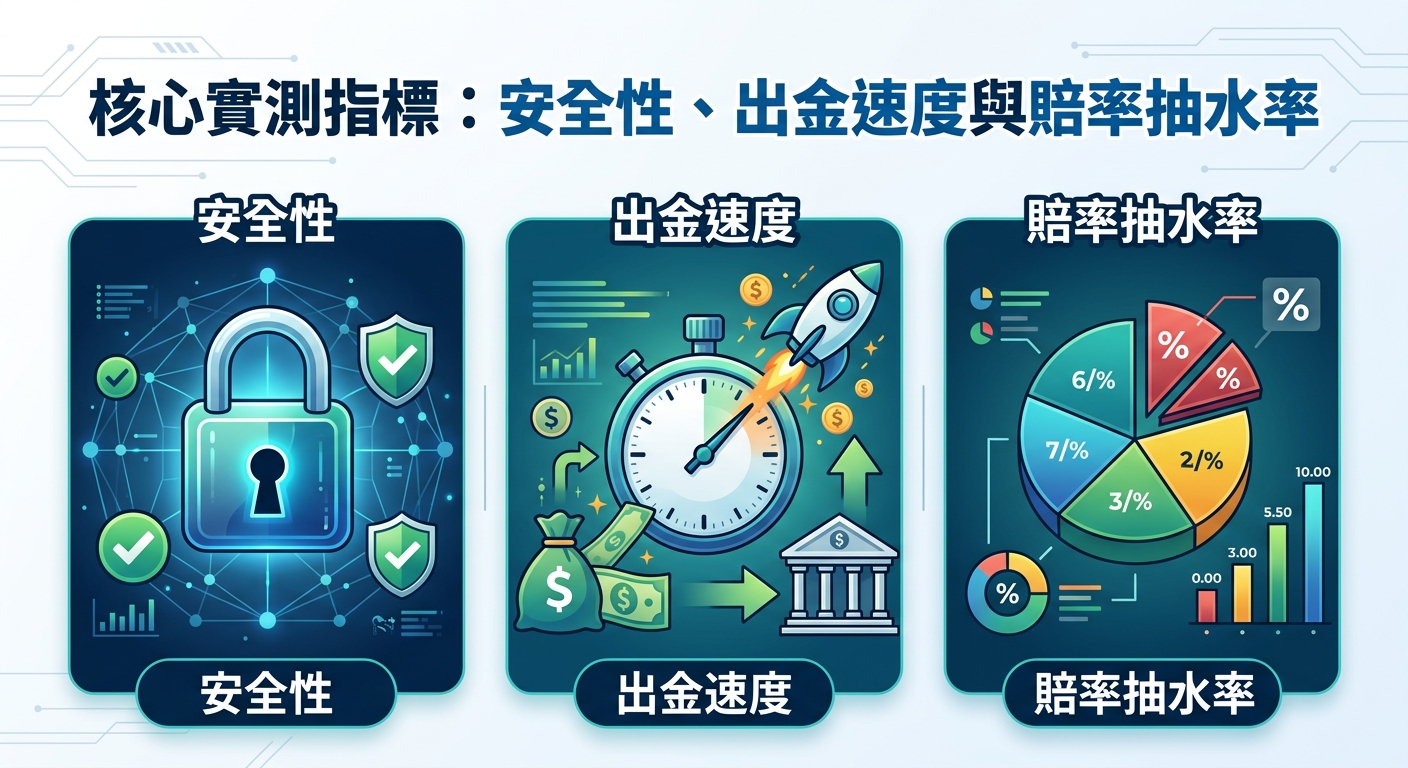 這張圖片為現代科技風格的數據圖表,頂部顯示標題「核心實測指標:安全性、出金速度與賠率抽水率」。 畫面下方分為三大核心板塊,分別運用鎖頭防護、飛速火箭與時鐘,以及圓餅圖與柱狀圖,直觀呈現安全性、提現效率與賠率費率等實測數據。